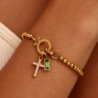 18k Gold Plated Bead Bracelet with Cross and Birthstone — Woman