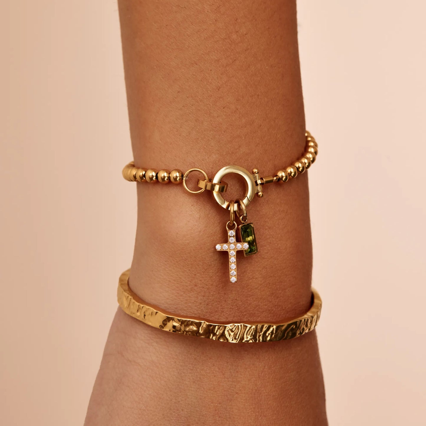 18k Gold Plated Bead Bracelet with Cross and Birthstone — Woman