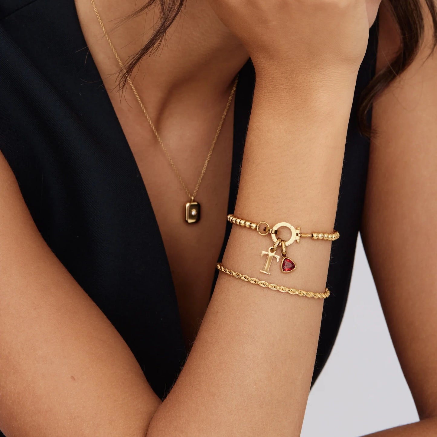 Initial Bracelet with Birthstone in 18k Gold Plating — Women's