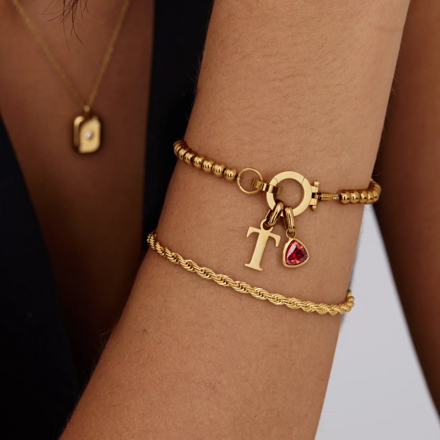 Initial Bracelet with Birthstone in 18k Gold Plating — Women's
