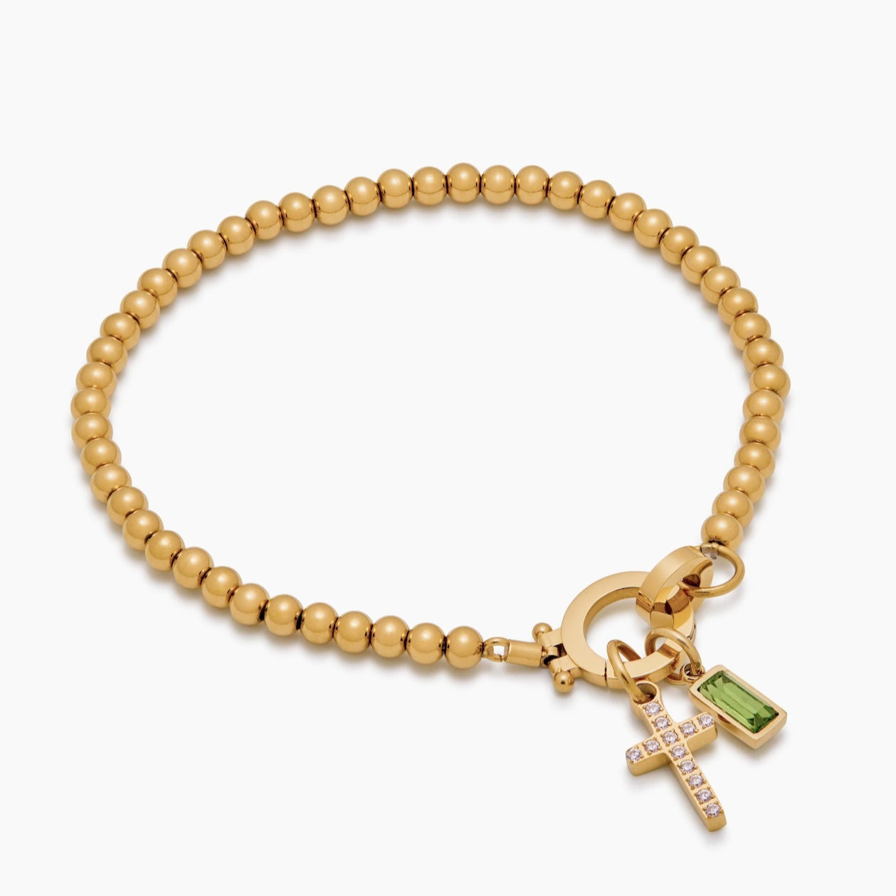 18k Gold Plated Bead Bracelet with Cross and Birthstone — Woman