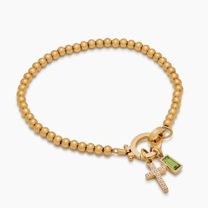 18k Gold Plated Bead Bracelet with Cross and Birthstone — Woman