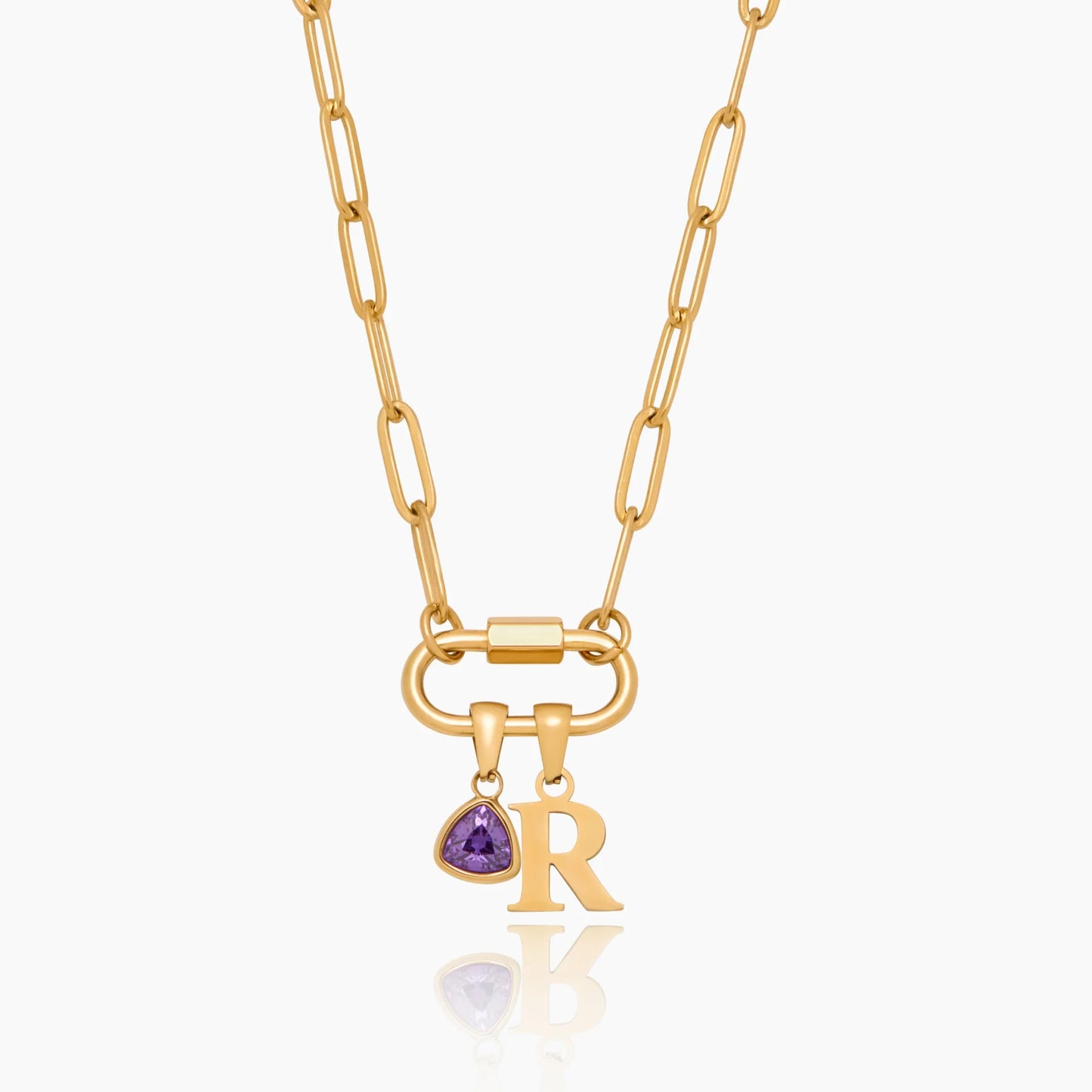 Collar con dije de candado de mosquetón con inicial y piedra de nacimiento