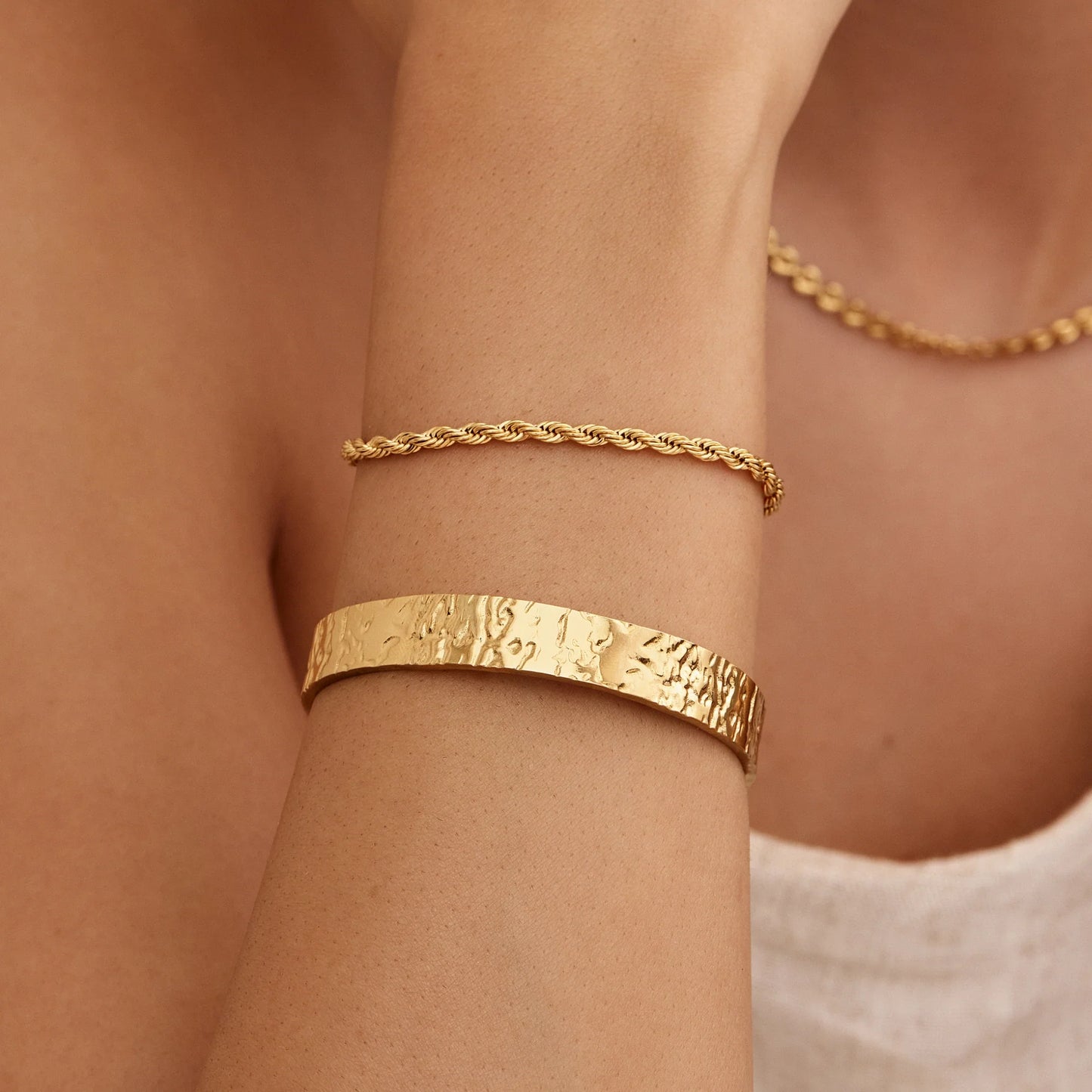 Wide Textured Hoop Bracelet in 18k Gold Plating — Women