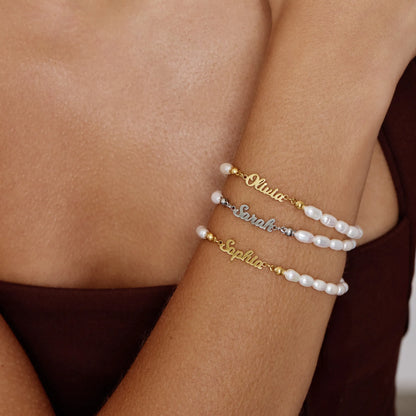 18K Gold Plated Freshwater Pearl Name Bracelet — Women