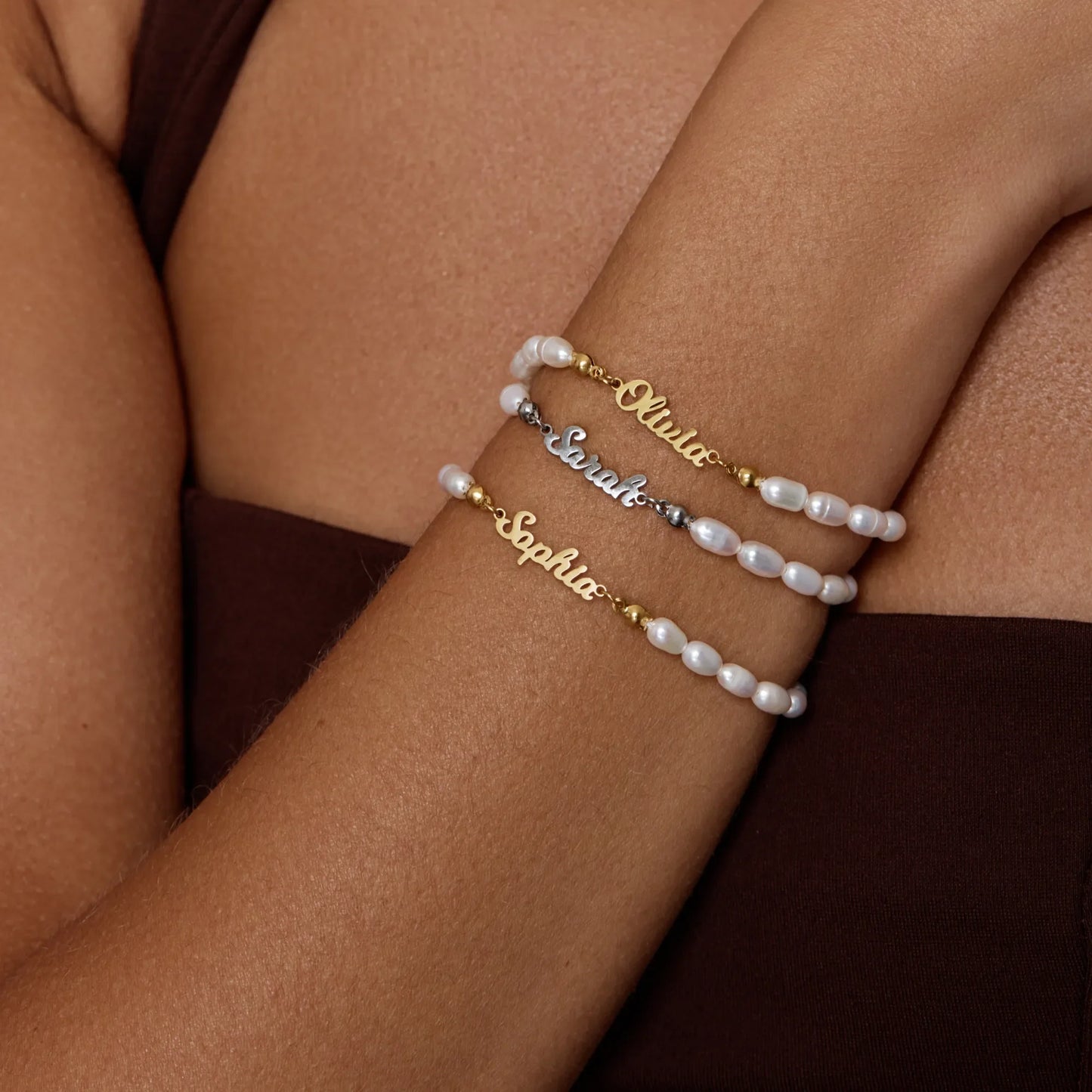18K Gold Plated Freshwater Pearl Name Bracelet — Women