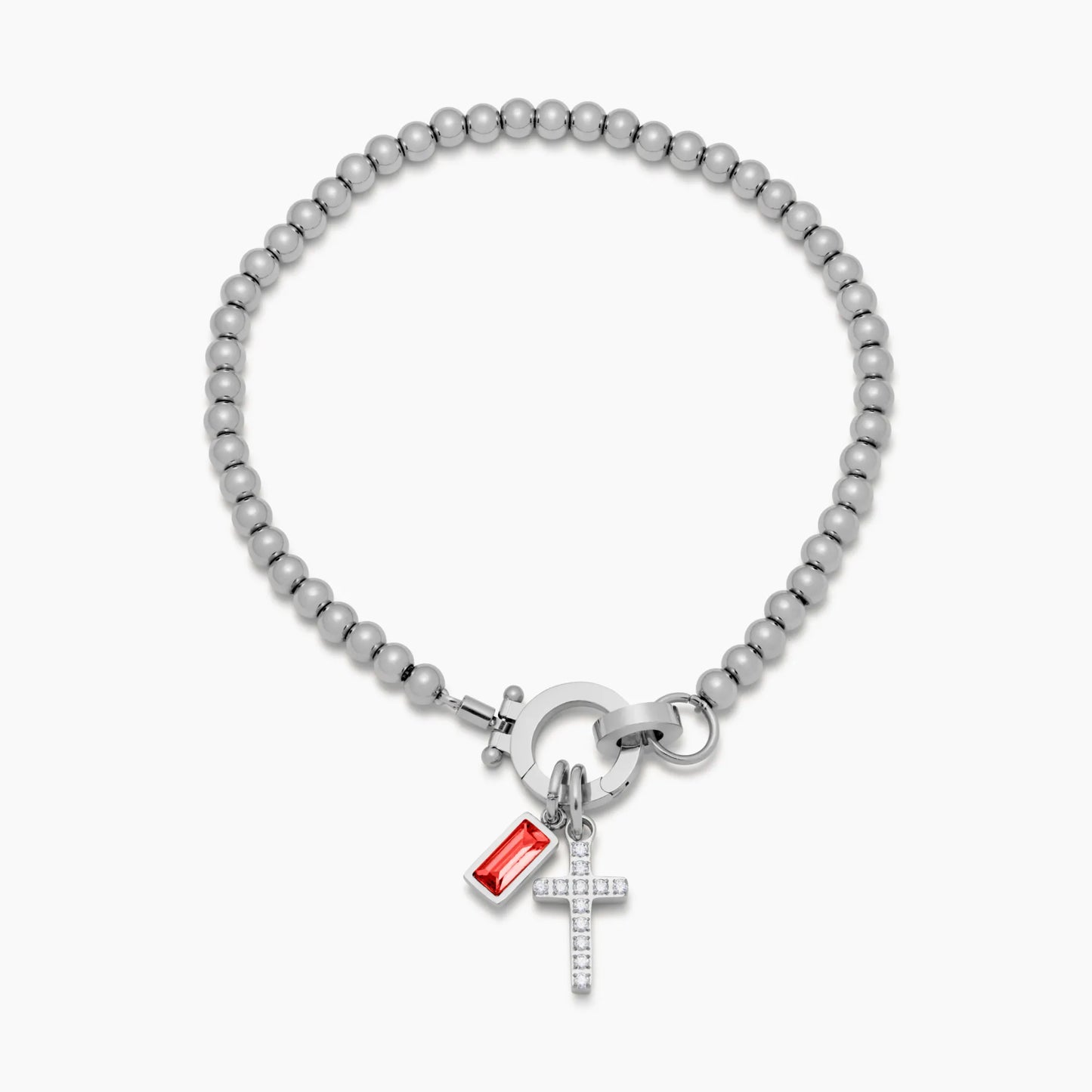 18k Gold Plated Bead Bracelet with Cross and Birthstone — Woman