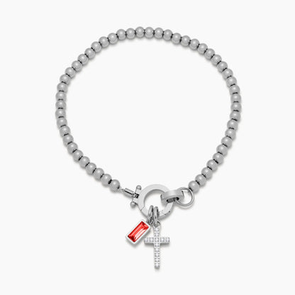 18k Gold Plated Bead Bracelet with Cross and Birthstone — Woman