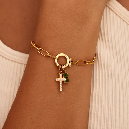 Bracelet Chain with Cross and Birthstone in 18k Gold Plating — Women