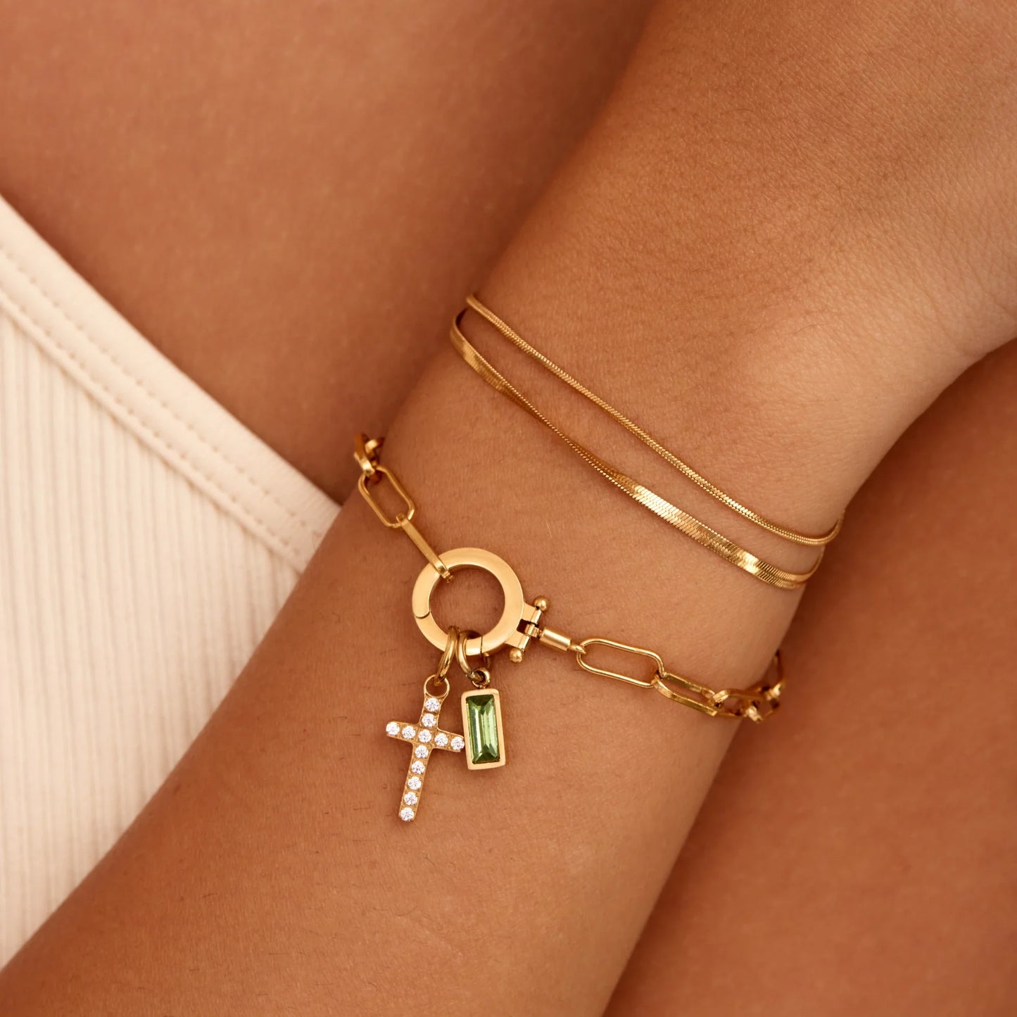 Bracelet Chain with Cross and Birthstone in 18k Gold Plating — Women