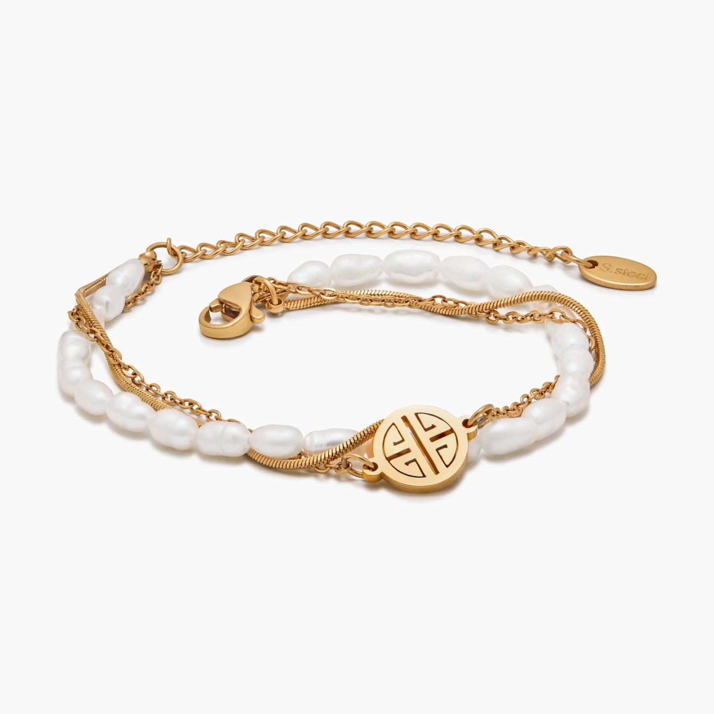 Pulsera de capas de perlas y oro Sunshine con baño de oro de 18k — Mujer