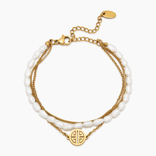 Pulsera de capas de perlas y oro Sunshine con baño de oro de 18k — Mujer