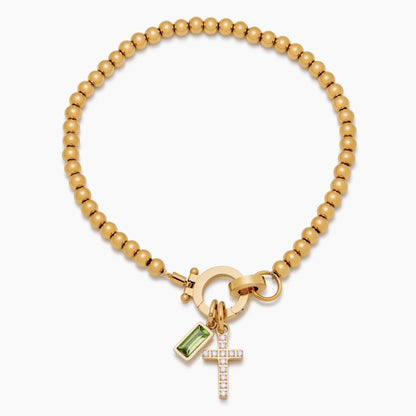 18k Gold Plated Bead Bracelet with Cross and Birthstone — Woman