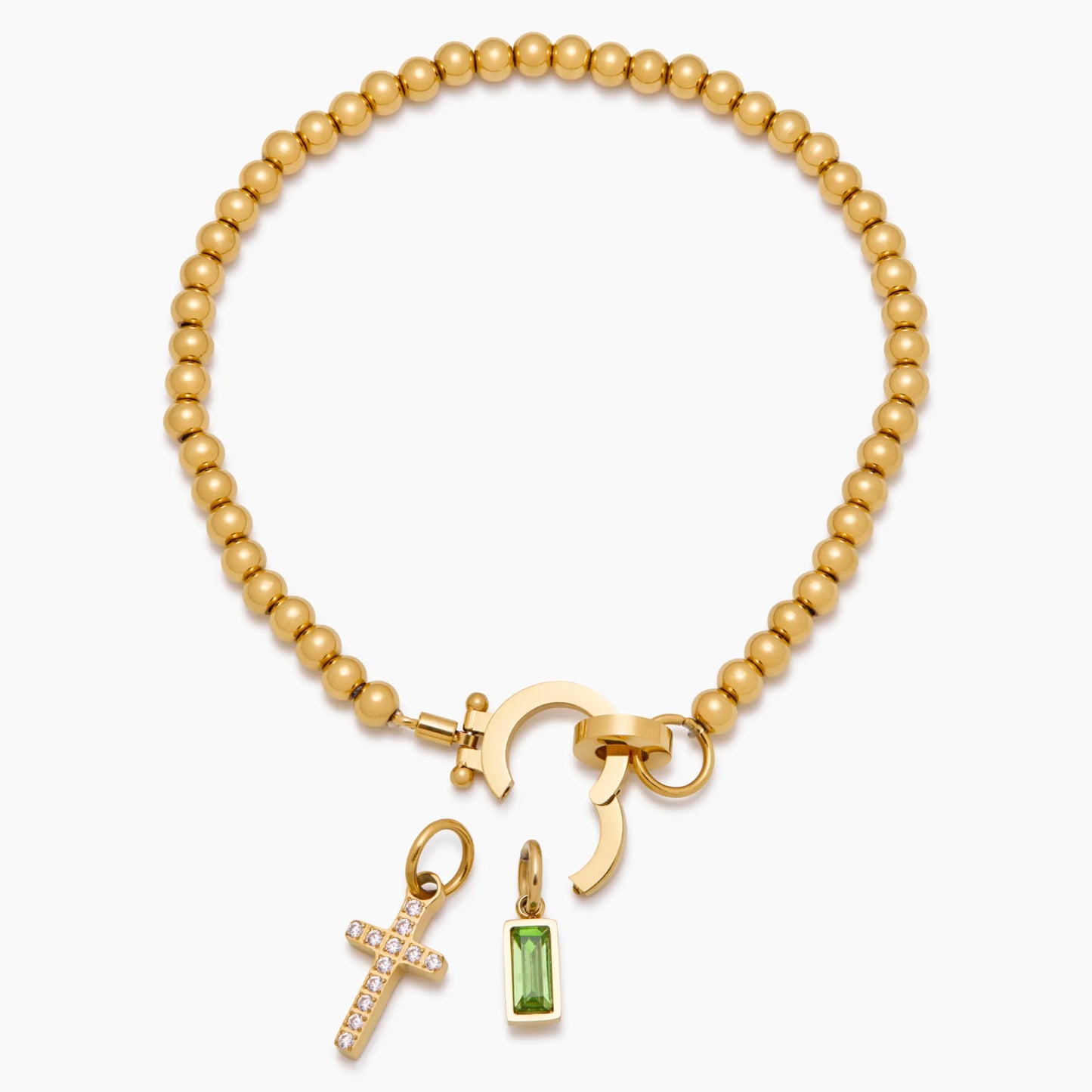 18k Gold Plated Bead Bracelet with Cross and Birthstone — Woman