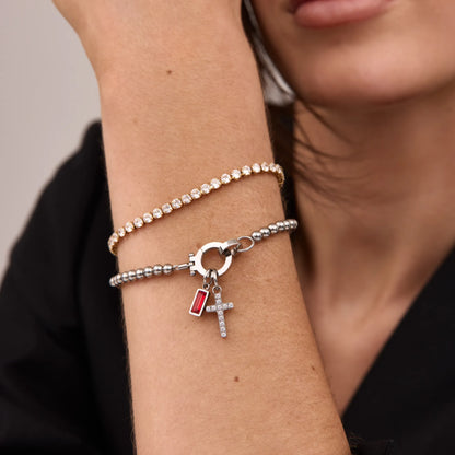 18k Gold Plated Bead Bracelet with Cross and Birthstone — Woman