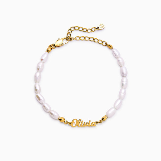 Pulsera Nombre con Perlas Agua Dulce en Baño Oro 18k — Mujer