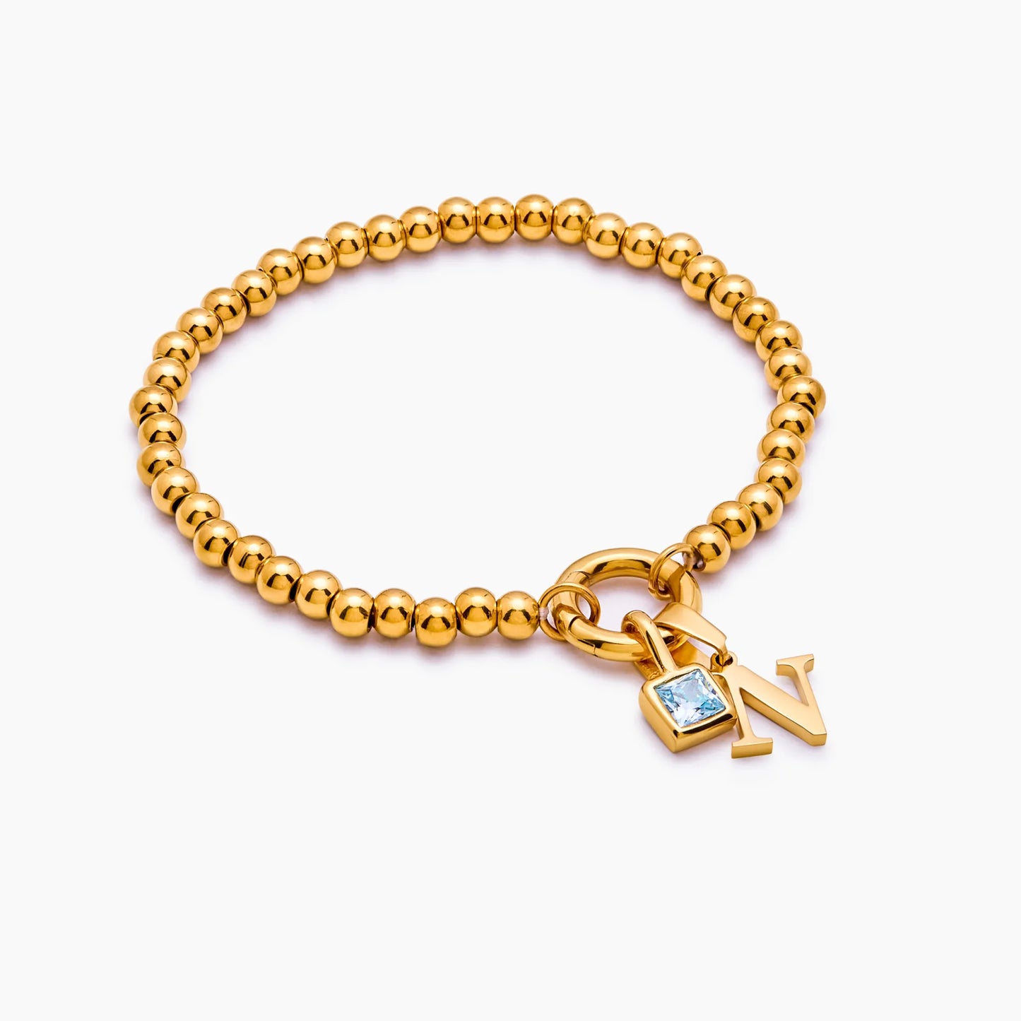 Pulsera de cuentas con inicial y piedra de nacimiento