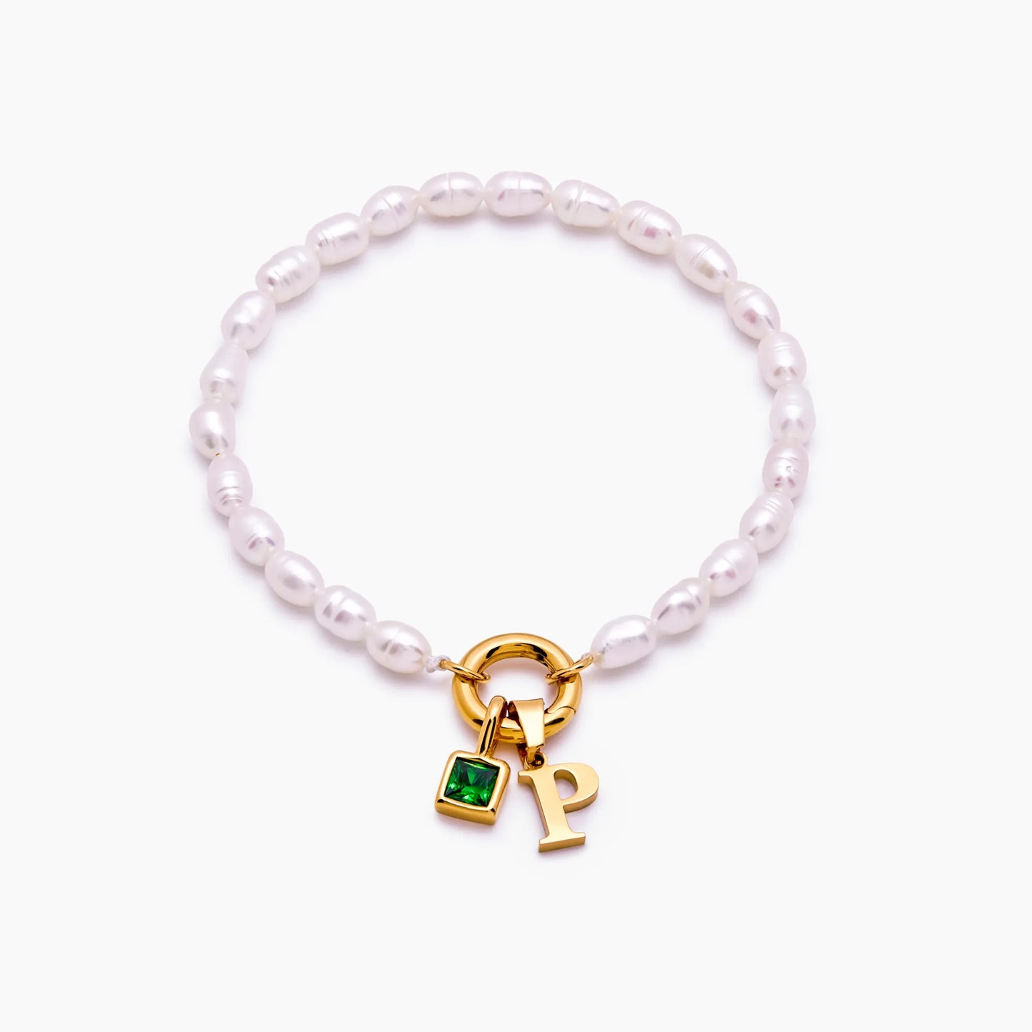 Pulsera de perlas con inicial y piedra de nacimiento