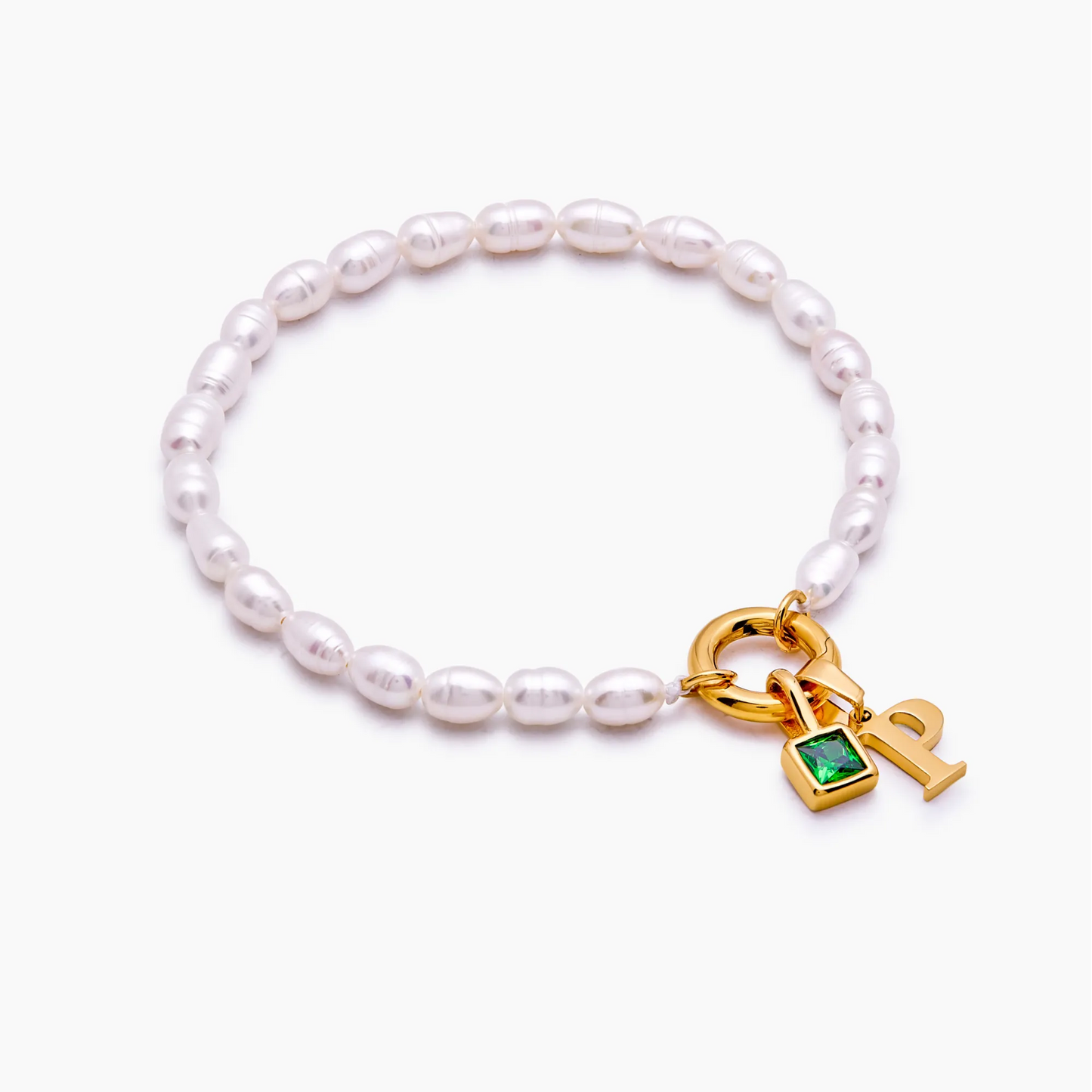 Pulsera de perlas con inicial y piedra de nacimiento