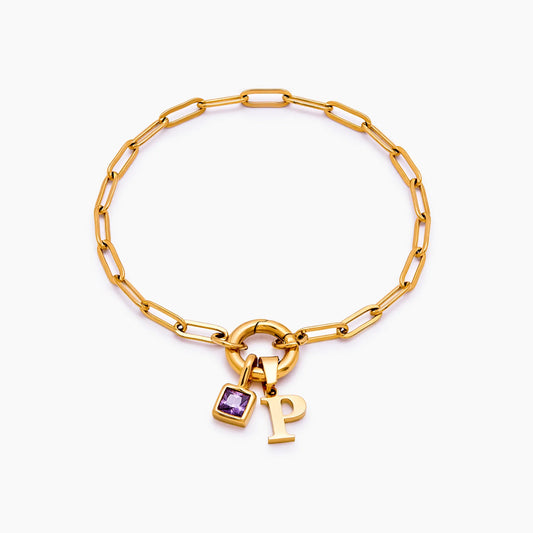 Pulsera de eslabones de clip con piedra de nacimiento inicial