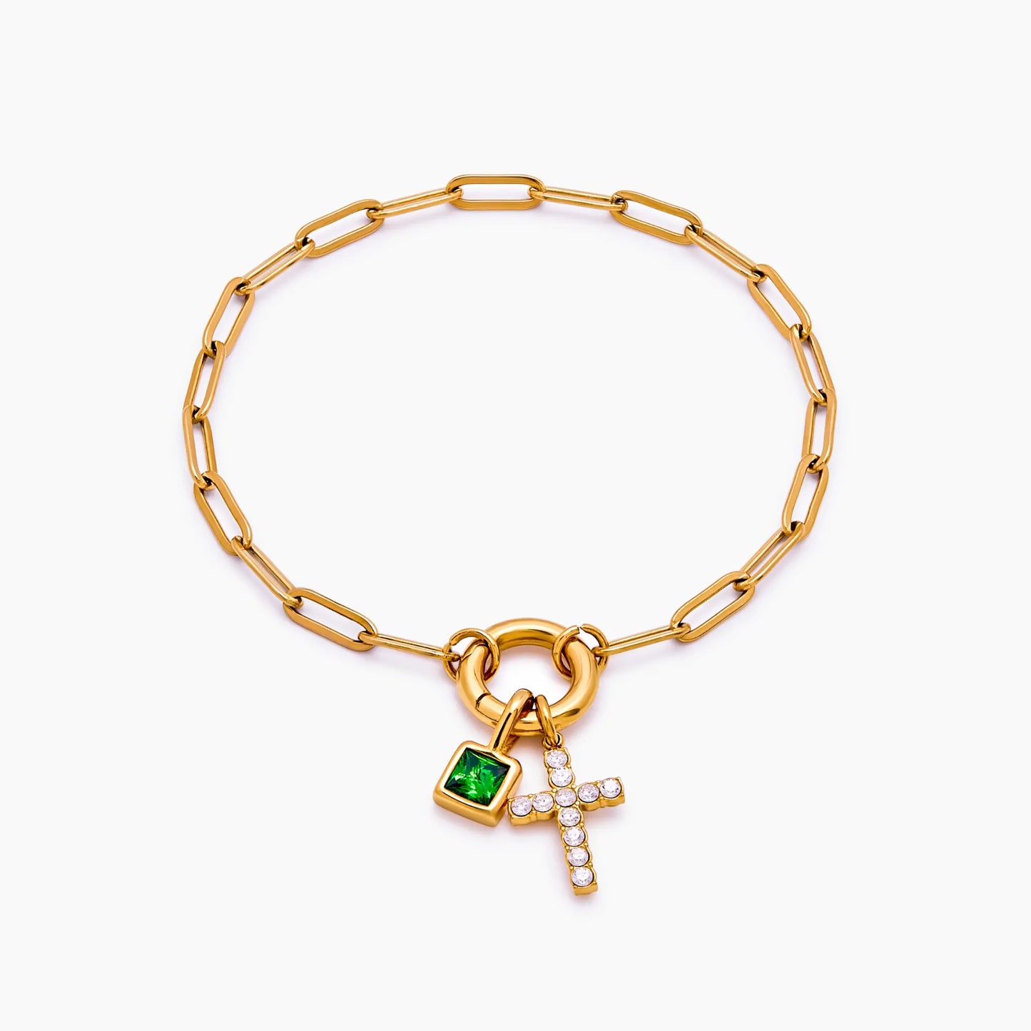 Pulsera con dije de clip y cruz